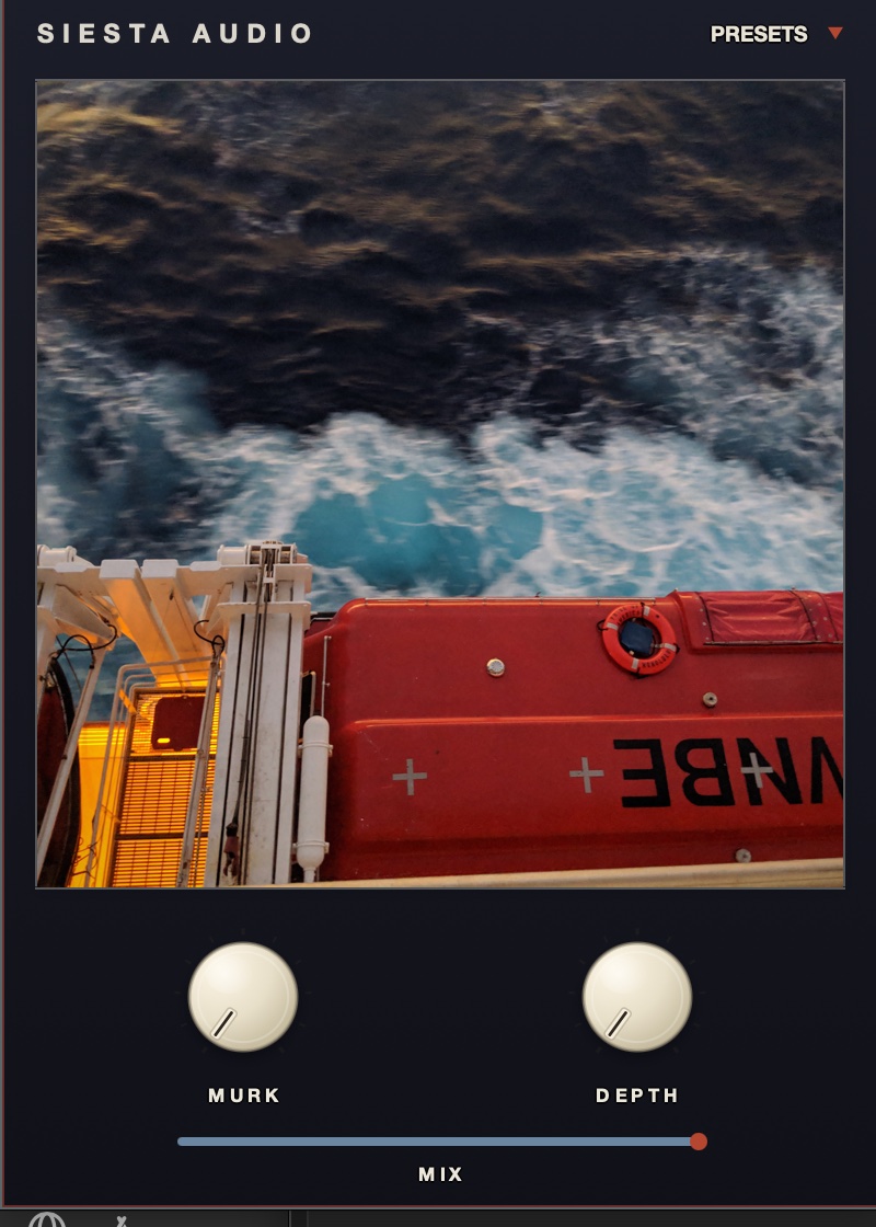 The Drown plugin: a dark face with MURK and DEPTH knobs and a MIX slider.