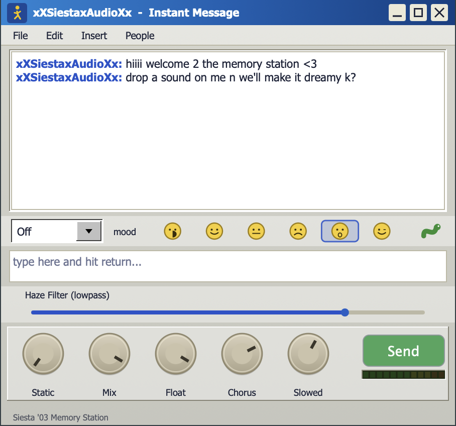 Memory Station '03: an instant-messenger window from 2003, with mood faces, a haze filter and five knobs.